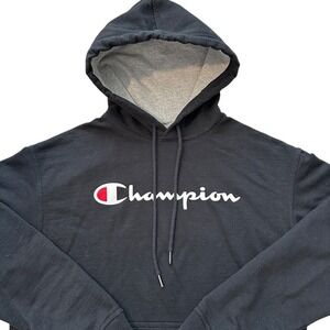Champion Hoodie Pullover Sweatshirt Classic Logo Black Comfy Mens Size L